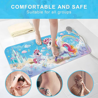 Upgrade Cartoon Baby Bath Mat Non Slip - 40"x16" Extra Long Bathtub Mat for Baby Eco Friendly Durable Bath Mat for Tub Non Slip Kids Tub Mat with Suction Cups, Machine Washable and No Fading, Unicorn