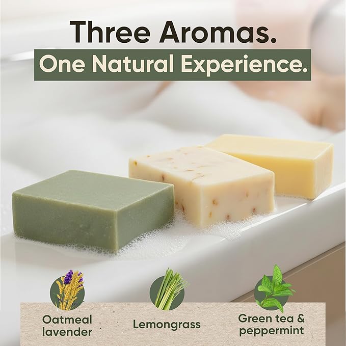 Organic Bar Soap Set – Handmade Natural Soap Bars with Essential Oils – Oatmeal Lavender, Lemongrass & Green Tea Peppermint (3.25 oz Each, 3 Bars)
