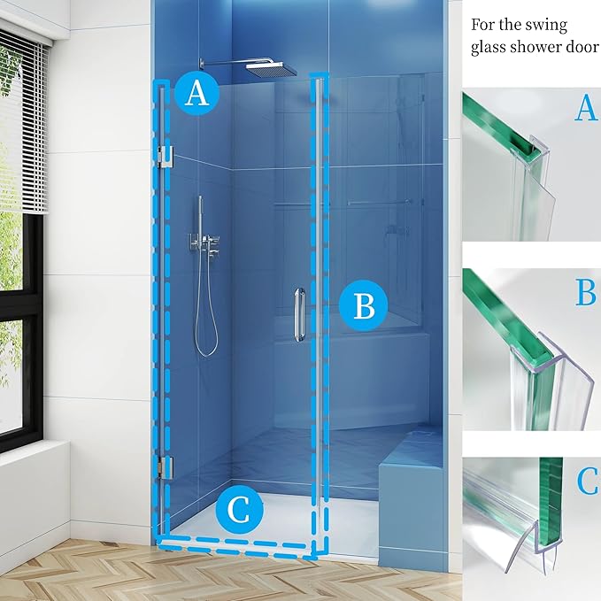 Shower Door Seal Strip Kits Set of 3 Polycarbonate Include 2 PCS 84" Side Seals and 1 PCS 36" Bottom Seal for 3/8"(10mm) Thick Glass