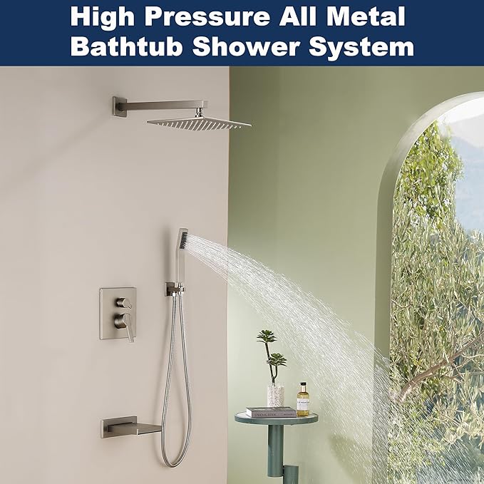 Shower System with Tub Spout, All Metal Bathtub Shower Faucet Set with High Pressure 10 Inch Rain Shower Head and Handheld Shower Head Set, Brushed Nickel (Valve Include)