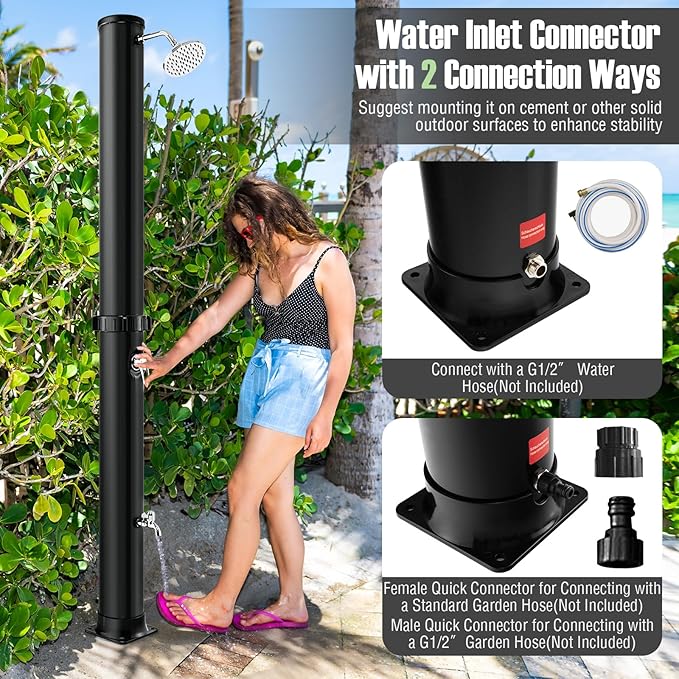 LDAILY Outdoor Shower, 10 Gallon Solar Heated Pool Shower with 360° Rotating Shower Head & Foot Tap, 7.2FT Freestanding Outside Shower Kits for Backyard, Beach, Garden (Black)
