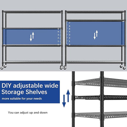 REGILLER 4-Wire Shelf Adjustable Heavy Duty Storage Shelves, Metal Organizer Wire Rack for Laundry Bathroom Kitchen Pantry Closet Garage Shelving with Wheel(Black,24" Dx59.6 Wx72.2 H)