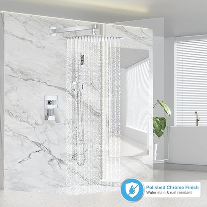Shower Faucet Set Bathroom Square Rain Shower Head and Handle Set, Wall Mounted Shower Fixtures, Full Metal Trim Repair Kit 10 inch Polished Chrome (With Shower Valve)