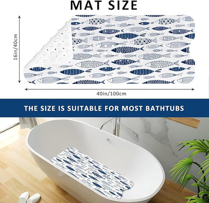Fish Bathtub Mat Non Slip, Boho Baby Bath Mat for Tub Rubber Tub Mat, Cute Kids Bath Mats for Bathroom Ocean Anti Slip Shower Mat with Suction and Drain Holes Machine Washable, 40″X16″