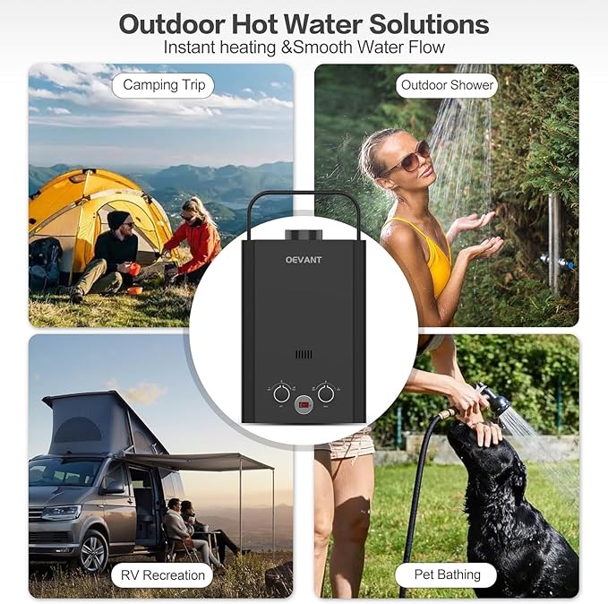 Propane Water Heater, 1.58GPM 6L Portable Tankless Water Heater with Handle & Overheating Protection, Propane Gas, Instant Hot Water for RV Camping, Outdoor Shower (BLACK)