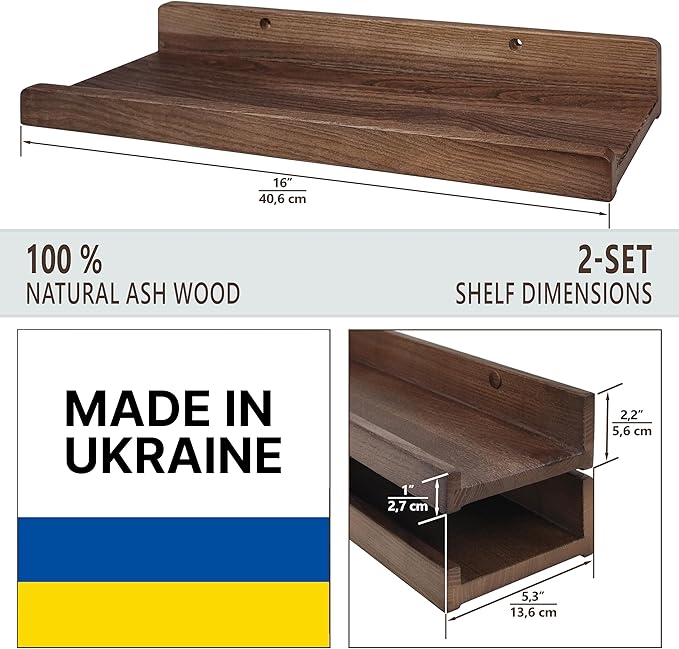 Floating Shelves for Wall 16 inch, Waterproof, Wall Storage Shelves with Lip, Display Picture Ledge Shelf for Photo Frame, Natural Wood Hanging Book Shelves (American Walnut, Set 2)