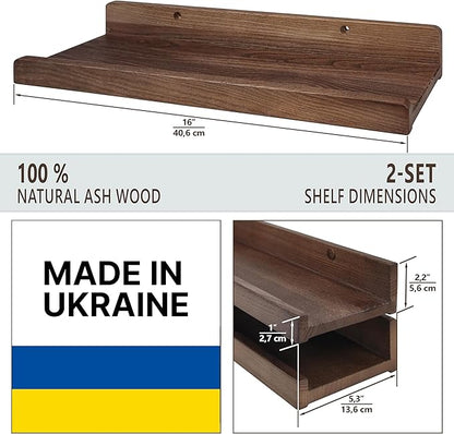 Floating Shelves for Wall 16 inch, Waterproof, Wall Storage Shelves with Lip, Display Picture Ledge Shelf for Photo Frame, Natural Wood Hanging Book Shelves (American Walnut, Set 2)