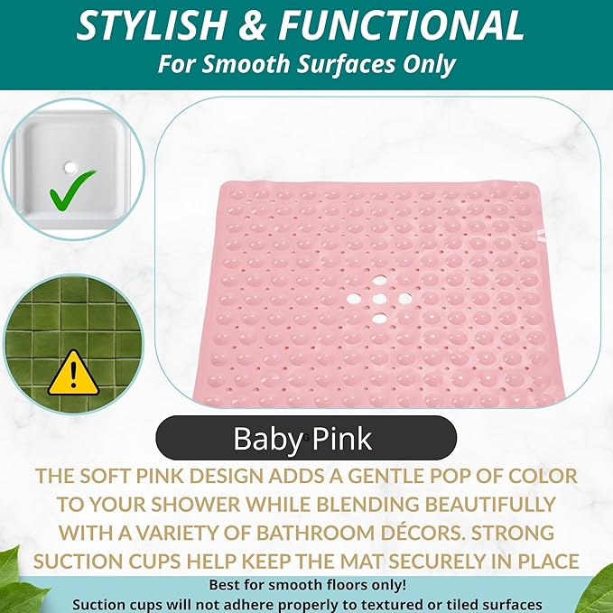 ENKOSI Square Shower Mat – 21 x 21 Inch Non-Slip Mat with Suction Cups and Drain Holes – Anti-Slip Square Bathroom Bathtub Shower Mats for Inside Shower (21x21 Baby Pink)