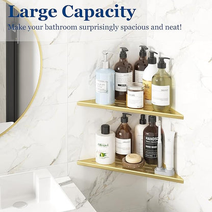 Corner Shower Shelves, 12” Recessed Tile Shower Shelf, 304 Stainless Steel Grout in Corner Tile Shower Shelves, No Drilling, Brushed Golden, 2 Pack