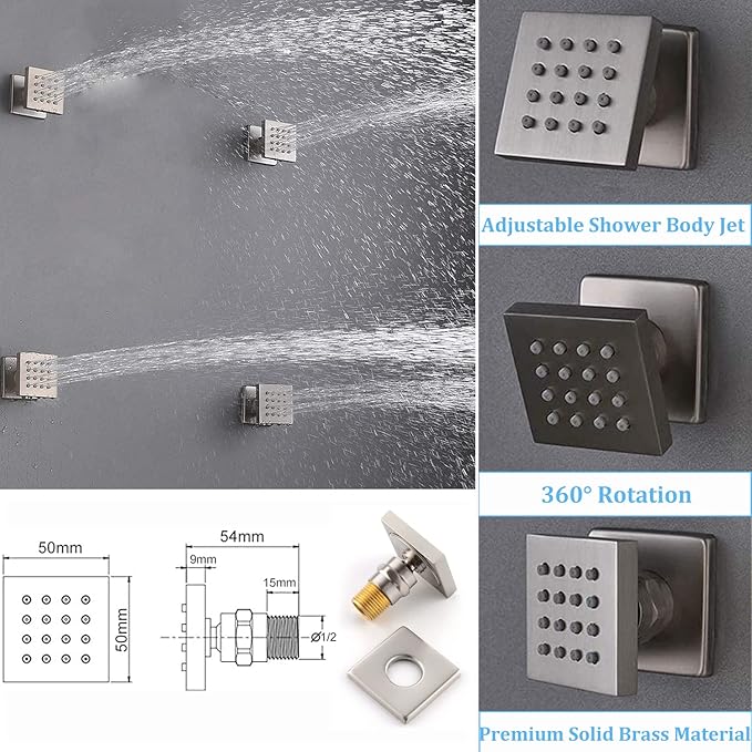 Brushed Nickel Shower System with 12+8+8" Three Top Shower Heads, Full Body Shower System with Temperature Display,Handheld Sprayer and Body Jets Shower Set