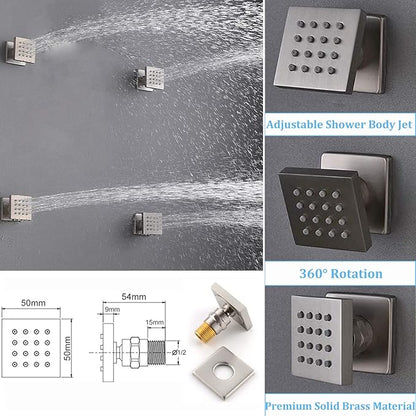 Brushed Nickel Shower System with 12+8+8" Three Top Shower Heads, Full Body Shower System with Temperature Display,Handheld Sprayer and Body Jets Shower Set