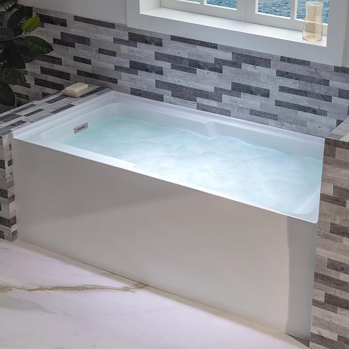 WOODBRIDGE 60" Acrylic Rectangular Alcove Soaking Bathtub in White with Left Drain, Chrome pop-UP Drain Included BA6030L