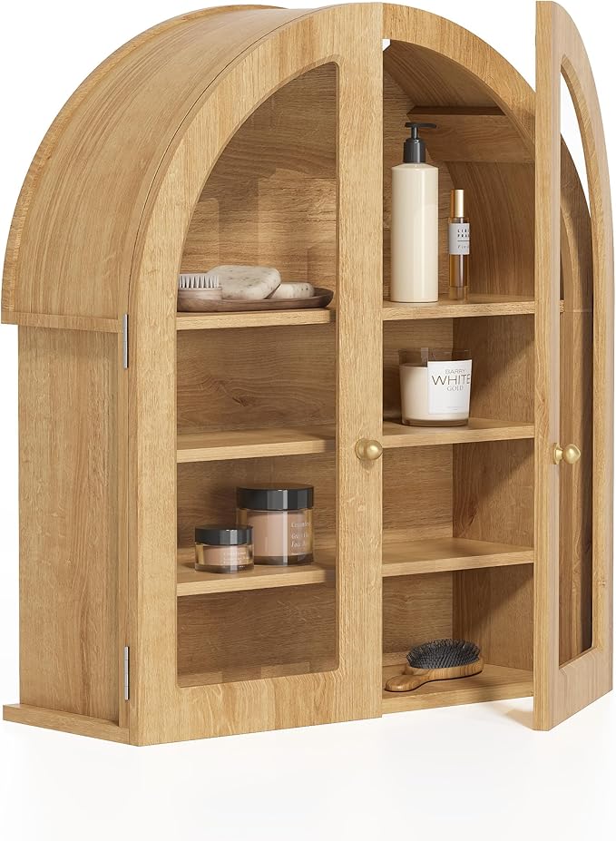 Large Arched Bathroom Wall Cabinet Modern Wooden Display Cabinet with Acrylic Doors Farmhouse Wall Mounted Cupboard Storage Organizer for Laundry Room, Dining Room, Natural Oak