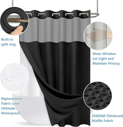 No Hook Waffle Weave Shower Curtain Set with Snap-in Fabric Liner and Mesh Top Window,256GSM Heavy Duty Fabric,Black Washable Luxury Shower Curtain for Bathroom Stalls (72x75 Inch)