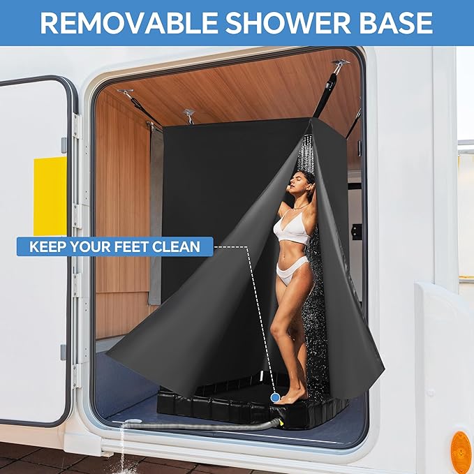 MABOZOO Privacy Tent and Foldable Shower Base Set, Portable Shower Pan with Tent and Drain Pipe, Camping Bath System for RV, Camping, Boat