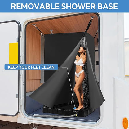 MABOZOO Privacy Tent and Foldable Shower Base Set, Portable Shower Pan with Tent and Drain Pipe, Camping Bath System for RV, Camping, Boat