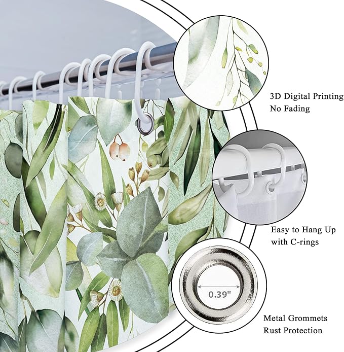 Riyidecor Colorful Floral Flowers Shower Curtain for Bathroom Decor 72Wx72H Spring Watercolor Leaves with Floral Plants Botanical Rustic Art Printed Fabric Polyester Waterproof 12 Pack Plastic Hooks