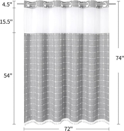 MitoVilla No Hooks Required Farmhouse Shower Curtain with Snap-in Liner - with Window & Magnets, Boho Cotton Linen Fabric Shower Curtains with Tassels for Rustic Bathroom Decor, Grey, 72 x 74