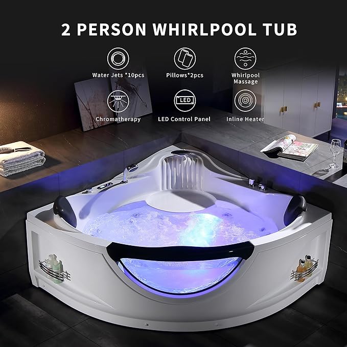 Empava 2 Person Whirlpool Bathtub,Corner Jetted Bathtub with Heater,Corner Jetted Tub with Light,Spa Bath tub with 10 Jets,Hydro Massage Tub with Chromatherapy,ETL Certified