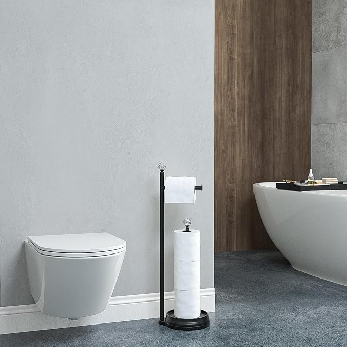 Toilet Paper Holder for Bathroom, Heavy Weighted Metal Free Standing Toilet Paper Holder Stand with Crystal Ball, Toilet Paper Roll Stand for Bathroom Accessories (Matte Black)