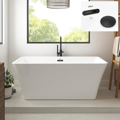FerdY Sentosa 59" Acrylic Freestanding Bathtub, Contemporary Design Soaking Tub with Matte Black Drain and Minimalist Linear Design Overflow, Easy to Install