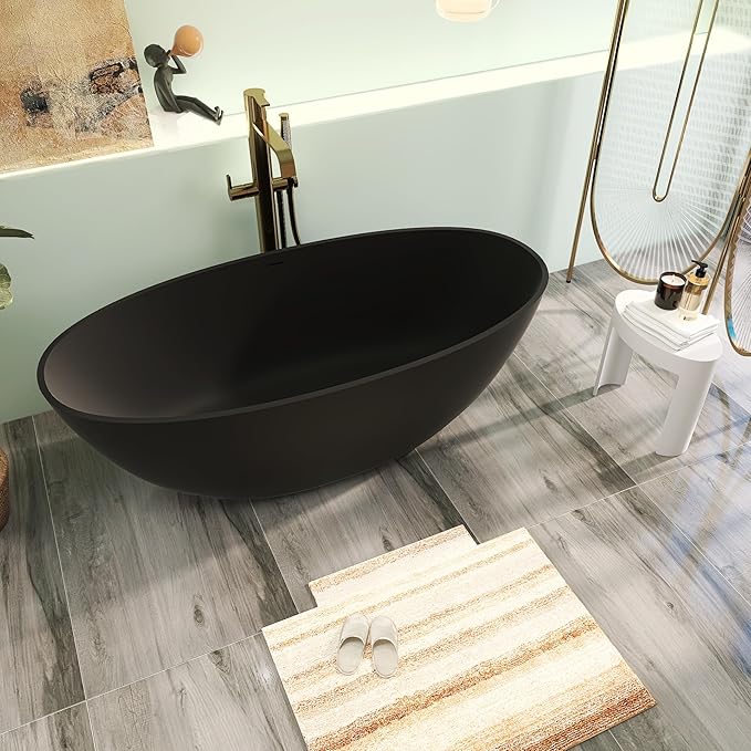 65" Premium Matte Black Solid Surface Freestanding Bath Tub, Oval Stone Resin Tub with Overflow and Pop-up Drain