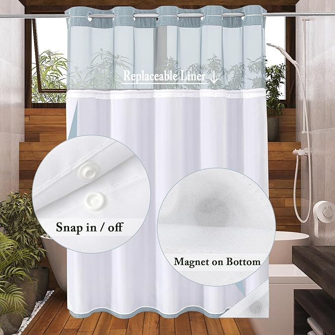 Gibelle Extra Long Shower Curtain 72x86, Waffle Weave Bathroom Shower Curtain with Snap-in Fabric Liner Set, No Hooks Needed, Hotel Style with Mesh Top Window, Fog Blue