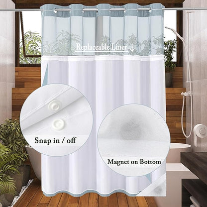 Gibelle Extra Long Shower Curtain 72x86, Waffle Weave Bathroom Shower Curtain with Snap-in Fabric Liner Set, No Hooks Needed, Hotel Style with Mesh Top Window, Fog Blue
