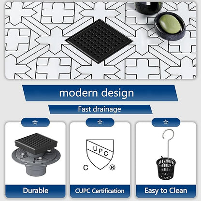Neodrain 4 Inch Black Square Drain, 304 Stainless Steel Shower Drain Kits with PVC Base, Removable Cover Hair Catcher Strainer for Bathroom Floor Drain, Matte Black
