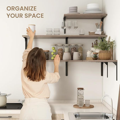 Fun Memories Floating Shelves for Wall, 12 Inch Deep Floating Shelves Set of 2, Wall Mounted Shelf with Metal Brackets, Rustic Wood Wide Shelf for Bathroom, Kitchen and Living Room, Grey, 32W x 12D