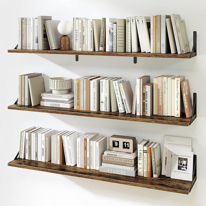 Fun Memories Extra Long Floating Wall Shelves, 48 x 8 Inches, Set of 3 Large Wood Floating Bookshelves with Metal Brackets for Storage & Display (Rustic Brown)