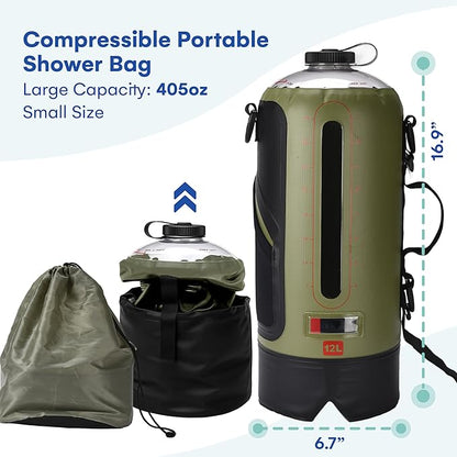 HappyPo Camping Shower - Portable Camping Solar Shower Pump- Shower Bag with Pressure Foot Pump with Temperature Indicator - Camp Water Equipment for Road Travel