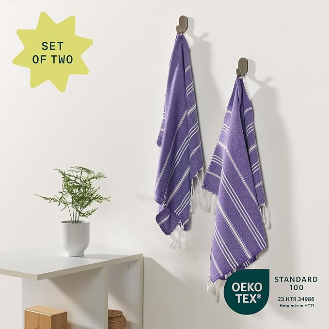 WETCAT Turkish Hand Towels with Hanging Loop, Set of 2 (20" x 30") 100% Turkish Cotton, Pre-Washed, Quick Drying, for Kitchen or Bathroom - Dark Purple