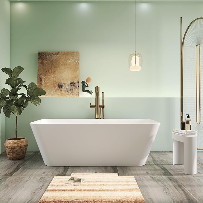 67" Premium Solid Surface Stone Resin Freestanding Bathtub, Matte White Stand Alone Soaking Tubs with Overflow and Pop-up Drain