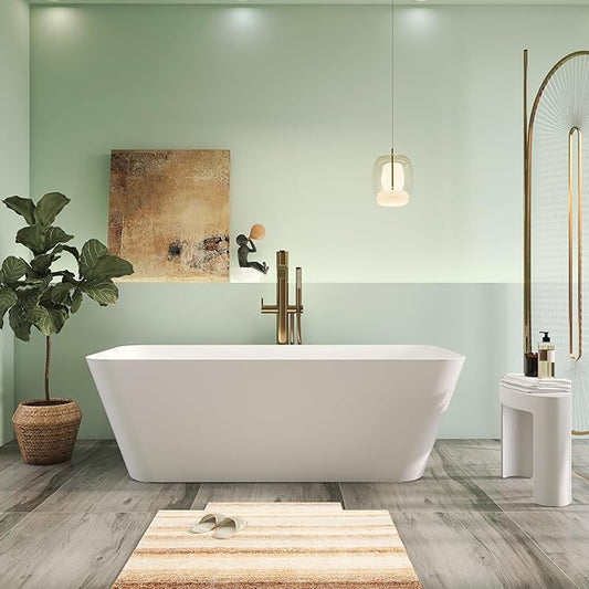 67" Premium Solid Surface Stone Resin Freestanding Bathtub, Matte White Stand Alone Soaking Tubs with Overflow and Pop-up Drain