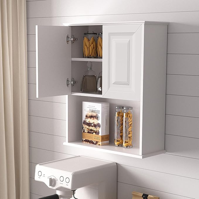 White Bathroom Wall Cabinet,Over The Toilet Storage Cabinet,Bathroom and Laundry Wall Mount Storage Medicine Cabinet with Open and Adjustable Shelf,Easy Assembly (Style B-1 PC, White)