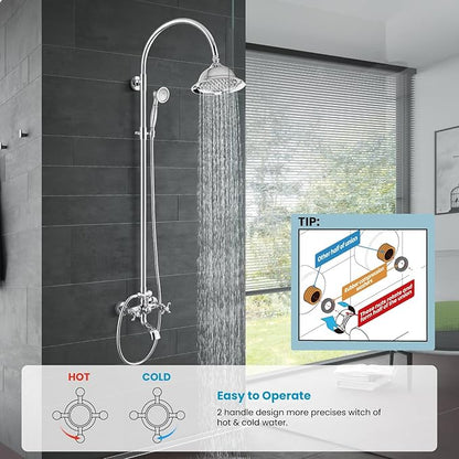 gotonovo Bathroom Classic Exposed Shower Faucet Wall Mount Shower System 8 Inch Luxurious Rainfall Shower Head Set with Tub Spout and Handheld Spray Double Cross Handles Polished Chrome