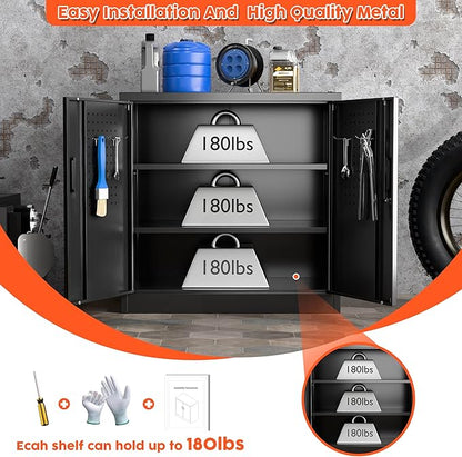 Aobabo 31.5" H Metal Storage Cabinet with 2 Shelves, Garage Storage Cabinet with Lock and 4 Hooks for Home Office Garage, Black, Assembly Required