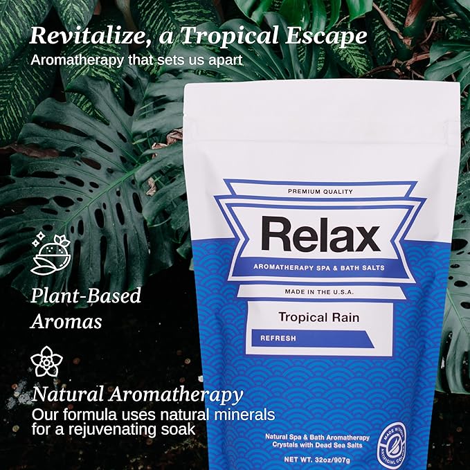 Relax Spa & Bath, Epsom & Dead Sea Salts, Aromatherapy Bath Salts for Hot Tub, Bath, or Spa, Infused with Magnesium, Tropical Rain Scent