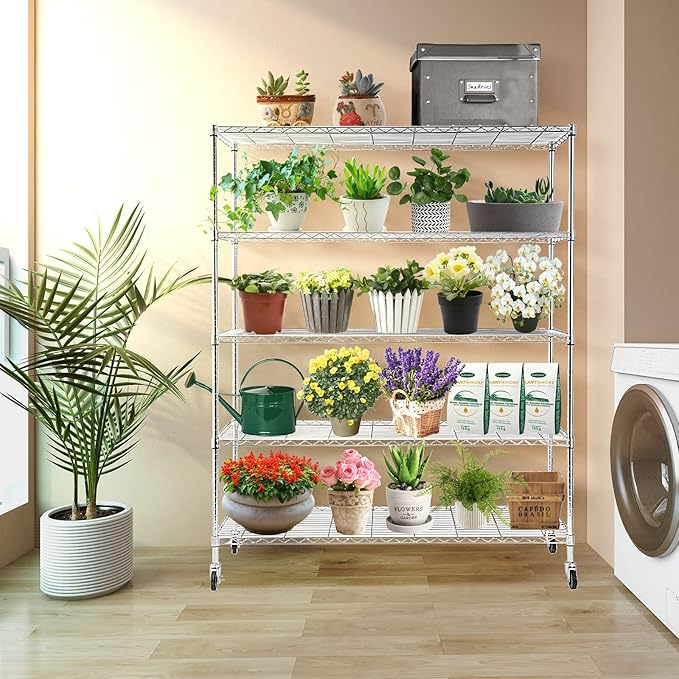 BNSPLY Commercial Wire Shelving Unit with Wheels, 5 Tier Adjustable Wire Shelves with NSF Certified, Heavy Duty Metal Storage Rack Shelf Unit for Kitchen, Garage (17.7" D x 59" W x 71" H, Chrome)