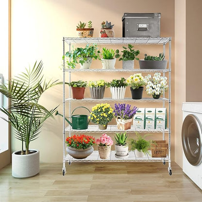 BNSPLY Commercial Wire Shelving Unit with Wheels, 5 Tier Adjustable Wire Shelves with NSF Certified, Heavy Duty Metal Storage Rack Shelf Unit for Kitchen, Garage (17.7" D x 59" W x 71" H, Chrome)
