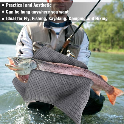 3 Pack Microfiber Fishing Towels with Clip, 16" X 16", Waffle Pattern for Effective Cleaning of Fishing Gears or Dirty Hands, Perfect for Camping Towels and Hiking Towles, Grey/Blue/Black