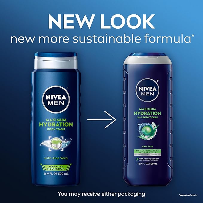 NIVEA MEN Maximum Hydration Body Wash for Dry Skin, Aloe Vera Enriched, 3-in-1 Moisturizing Body Wash, Face and Hair, Paraben Free, Vegan Formula, 16.9 Fl Oz Bottle