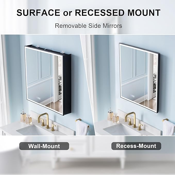 WELLFOR 30" X 30" LED Mirrored Medicine Cabinet, Medicine Cabinets with Lights for Bathroom, Defogging Function Mirror Cabinet, Bathroom Medicine Cabinet with USB Port & Outlet, Double Doors