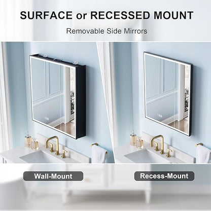WELLFOR 30" X 30" LED Mirrored Medicine Cabinet, Medicine Cabinets with Lights for Bathroom, Defogging Function Mirror Cabinet, Bathroom Medicine Cabinet with USB Port & Outlet, Double Doors