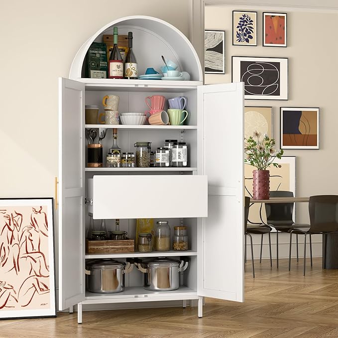 73'' Tall Metal Arched Cabinet, Modern Arch Bookcase Display Cabinet with Doors/Shelves/Internal Drawers for Home Office Kitchen Bar Living Room(White)