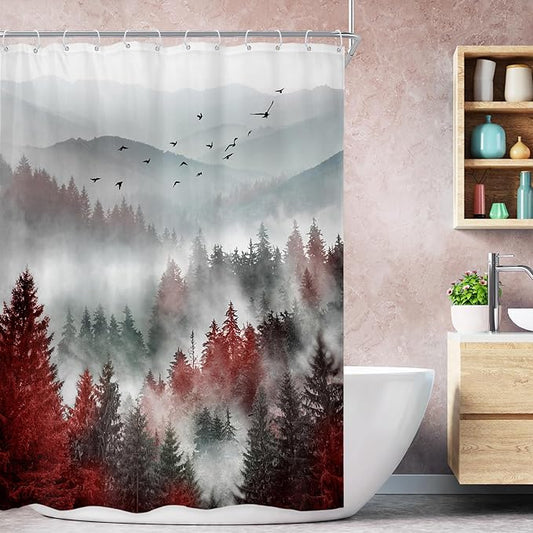 Riyidecor Red Black Mountain Shower Curtain 48Wx72H Inch,Stall Narrow Rv Small Nature Woods,Rustic Landscape Scenery Pine Tree Woodland Cool Bathroom Decor Fabric Polyester Waterproof 12 Pack Hooks