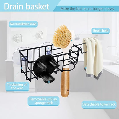 Sponge Holder Smile Face with Dish Cloth Hanger for Kitchen Sink, In-sink Caddy Organizer with Suction Cups & Adhesive Strips, Rustproof Sponge Rack for Soap, Brush, Scrubber - Black（2 Pack）