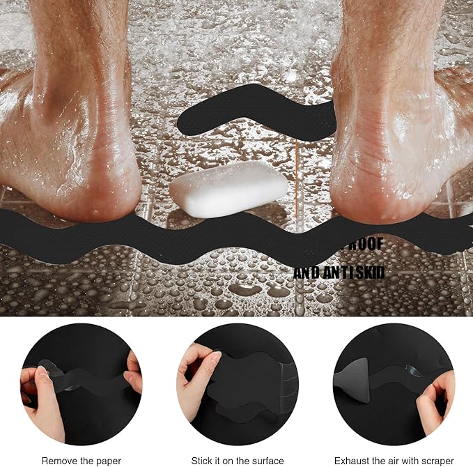 Anti Slip Shower Stickers, Adhesive Decals Safety Strips Scraper for Bath Tub, Shower, Stairs, 24 Pieces (Black)