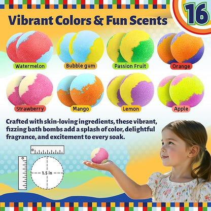 Kids Bath Bombs with Food Toys Inside, 16 Pack Colorful Surprise Bath Fizzies Set, Organic Fizzy Bubble Bath Bombs for Girls & Boys, Ages 3+